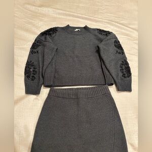 Splendid Charcoal Knit Skirt Set with Black Floral Details